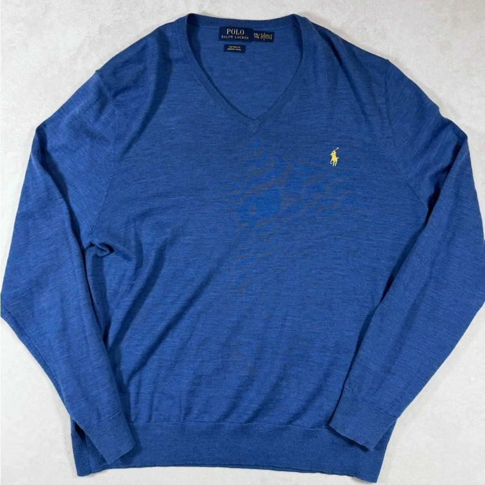 Polo Ralph Lauren XXL 100% Merino Wool Custom Fit Royal Blue V-Neck Sweater